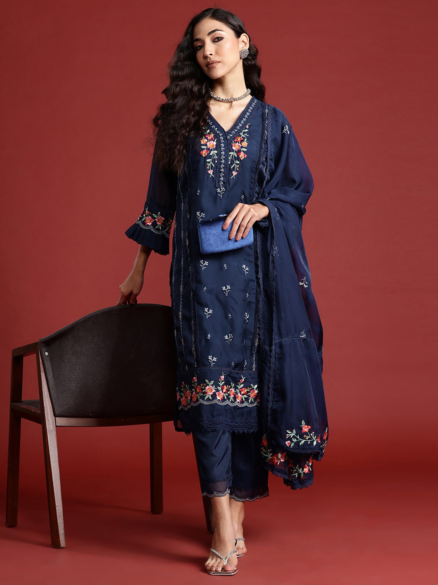 IE Navy Blue Embroidered Straight Kurta Trousers With Dupatta set