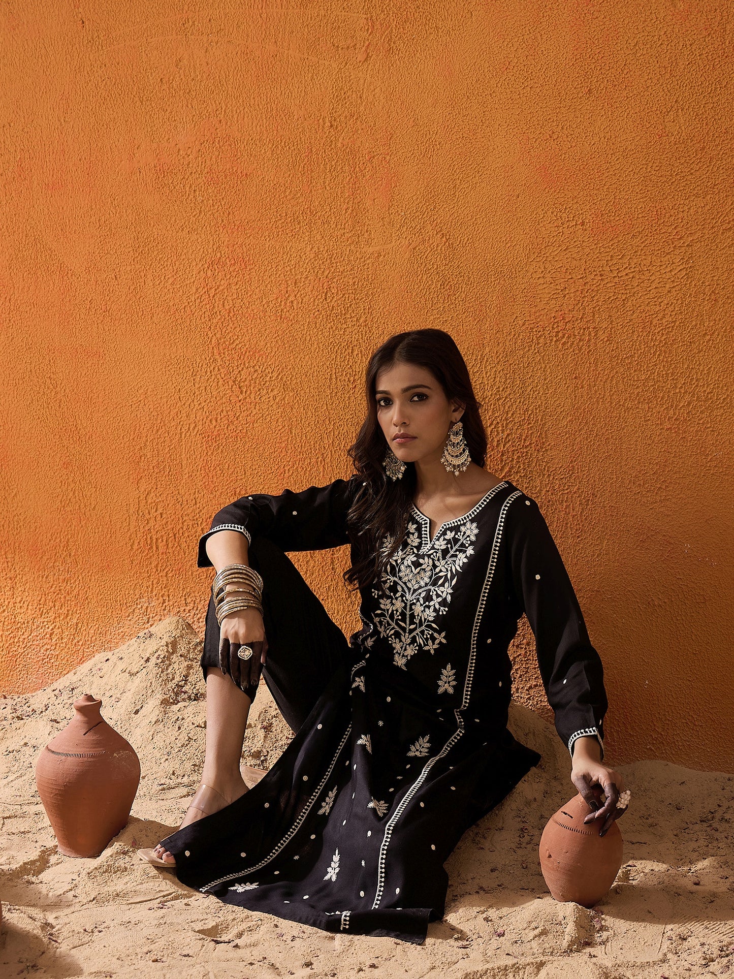 IE Black Embroidered Straight Kurtas