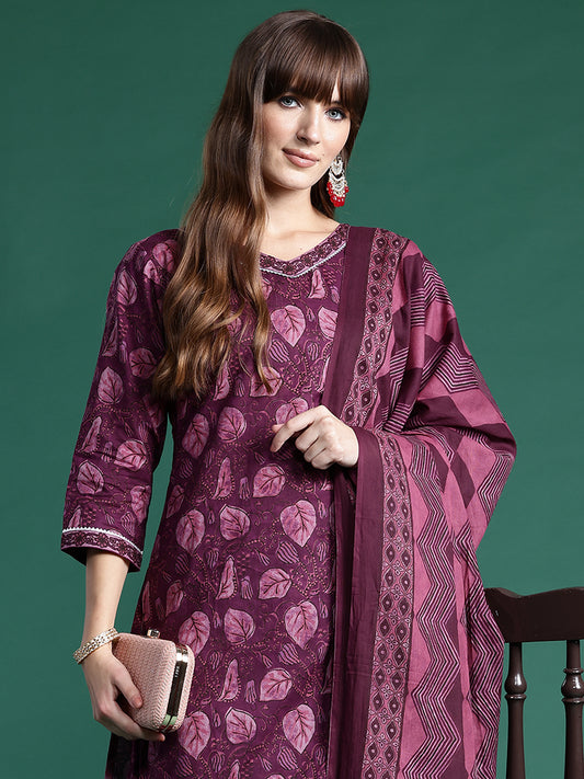 IE Burgundy Printed Straight Kurta Palazzos With Dupatta set