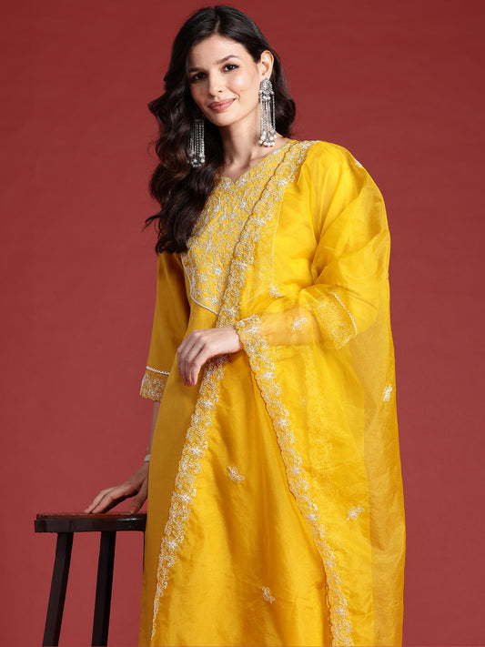 IE Yellow Embroidered Straight Kurta Trousers With Dupatta set