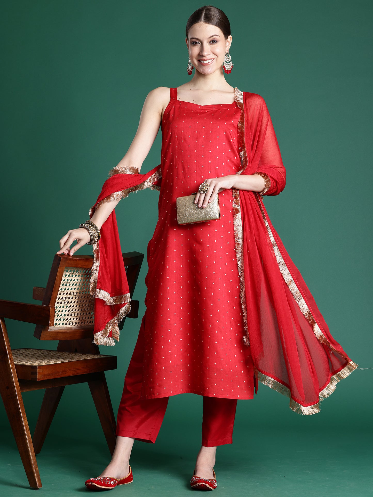 IE Red Woven Design Straight Kurta Trousers With Dupatta set