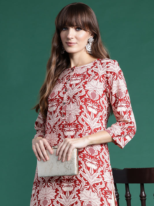 IE Red Printed Straight Kurtas