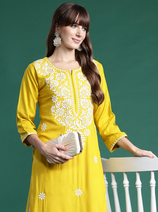 IE Yellow Embroidered Straight Kurtas