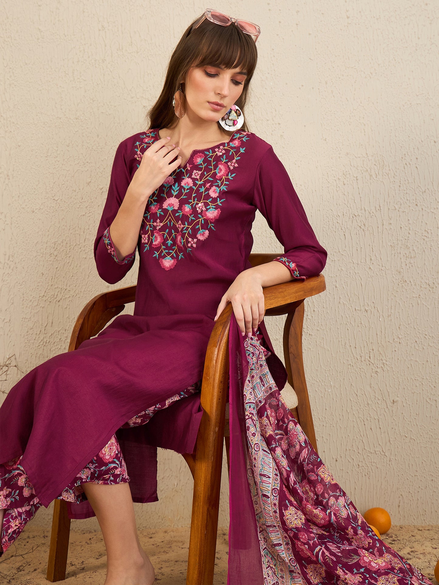 IE Burgundy Embroidered Straight Kurta Palazzos With Dupatta  Set