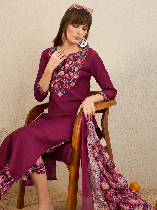 IE Burgundy Embroidered Straight Kurta Palazzos With Dupatta  Set