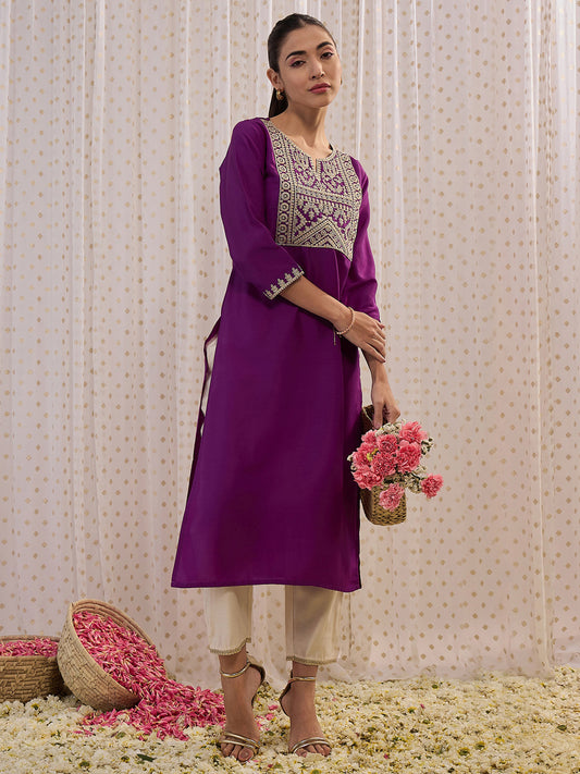 IE Purple Embroidered Straight Kurtas