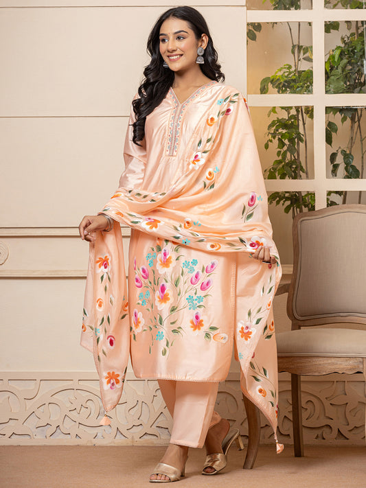 IE Peach Printed Straight Kurta Trousers With Dupatta set