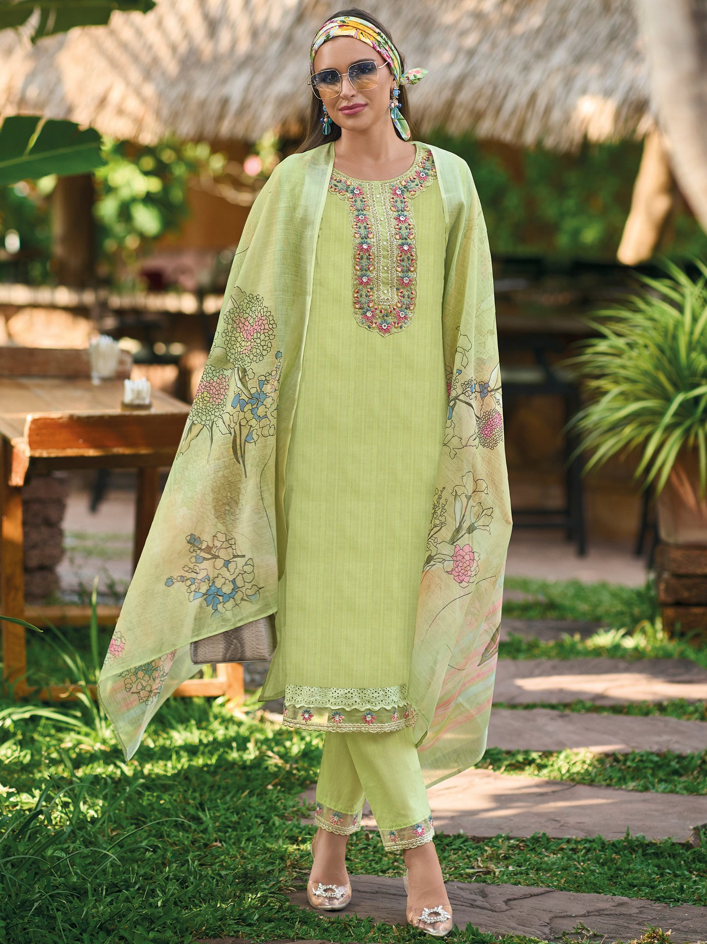 IE Green Embroidered Straight Kurta Trousers With Dupatta set