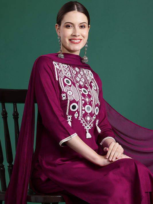 IE Burgundy Embroidered Straight Kurta Trousers With Dupatta set