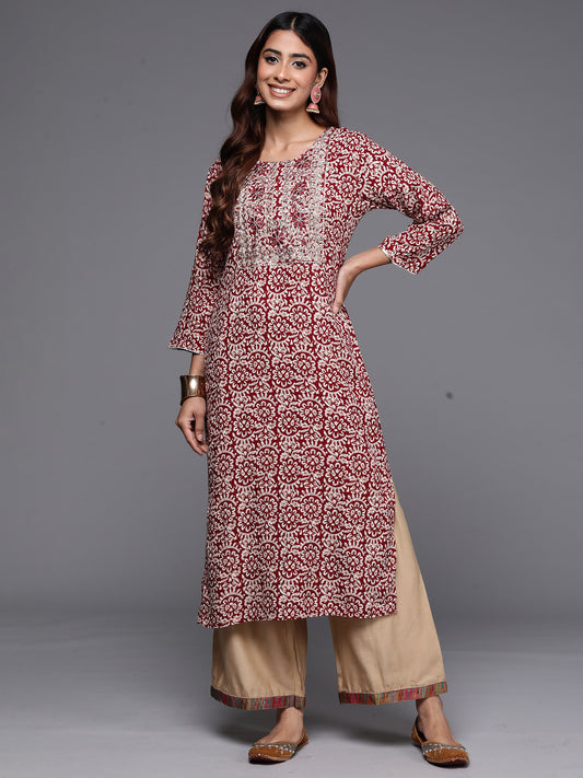 IE Maroon Printed Straight Kurtas