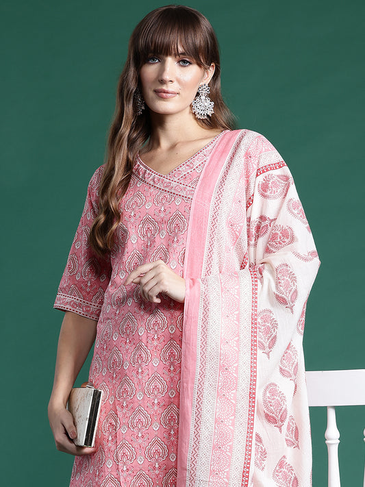 IE Pink Printed A-Line Kurta Trousers With Dupatta set