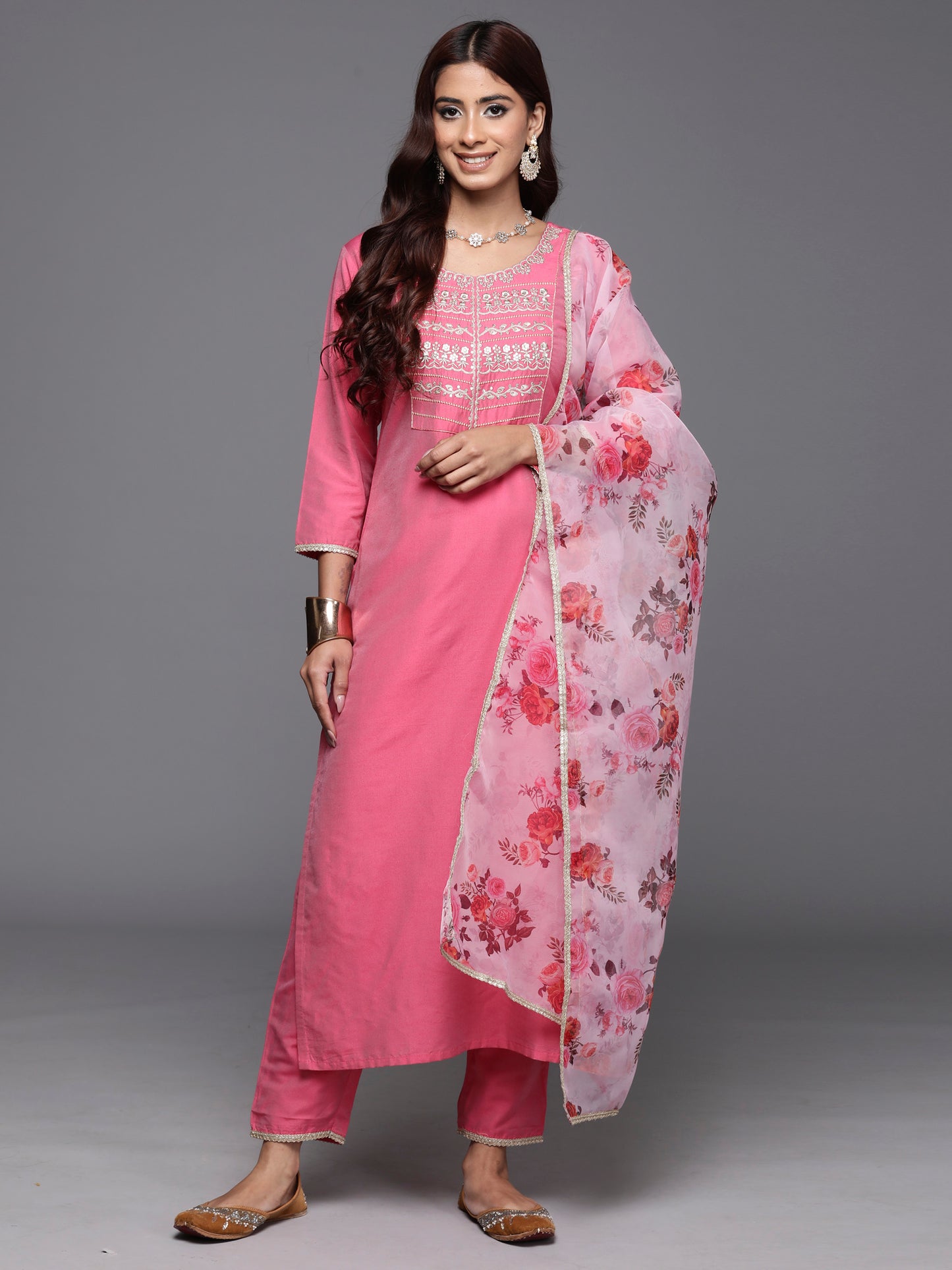 IE Pink Embroidered Straight Kurta Trousers With Dupatta Set