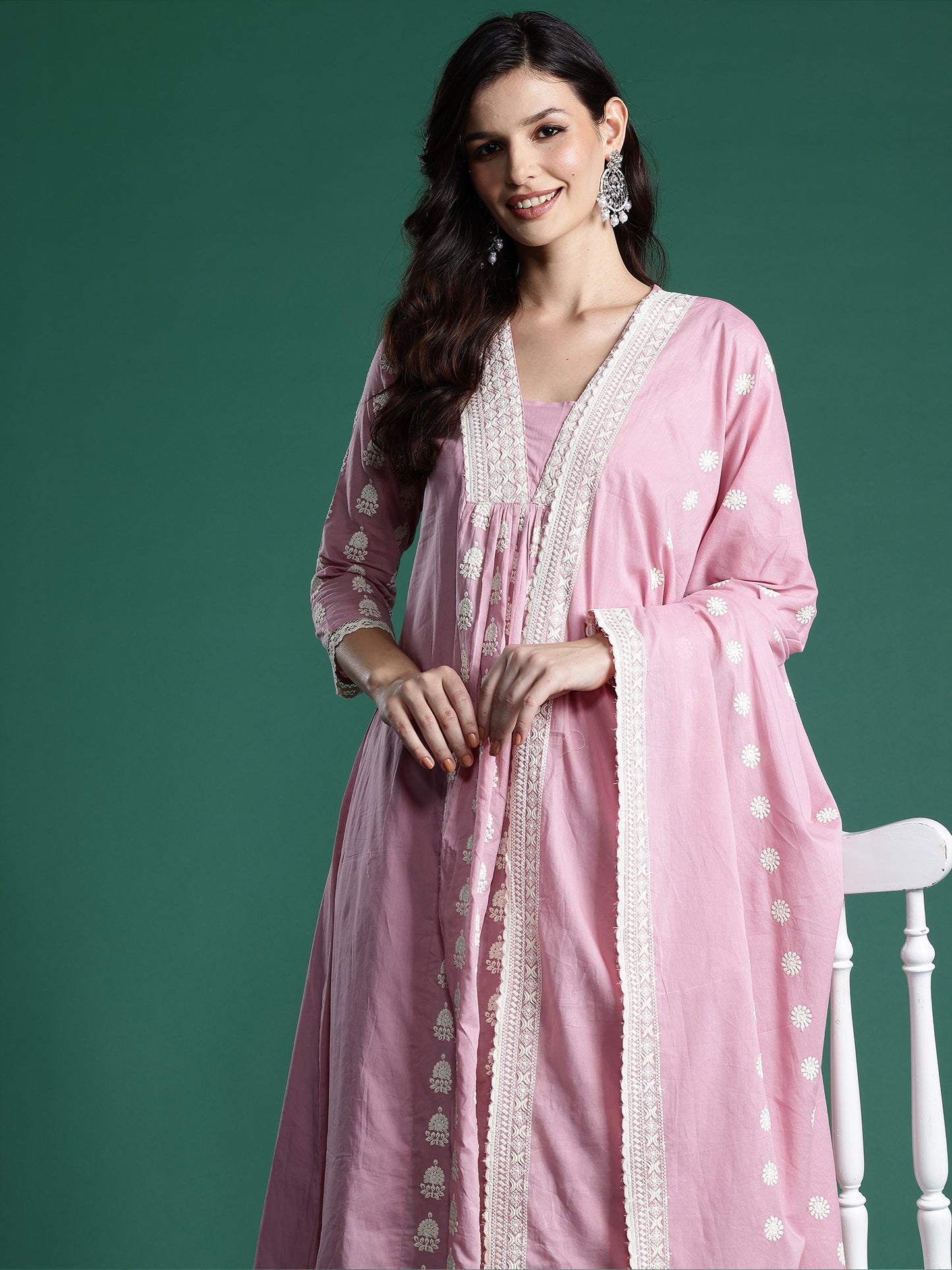 IE Pink Embroidered A-Line Kurta Trousers With Dupatta set