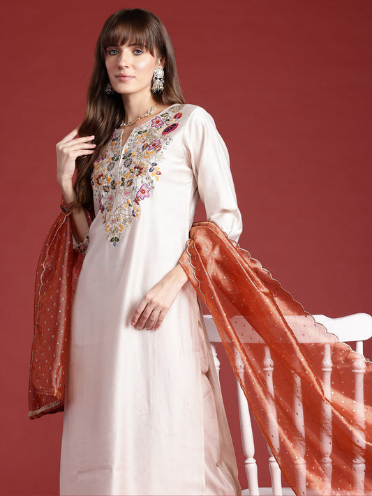 IE Off White Embroidered Straight Kurta Trousers With Dupatta  Set