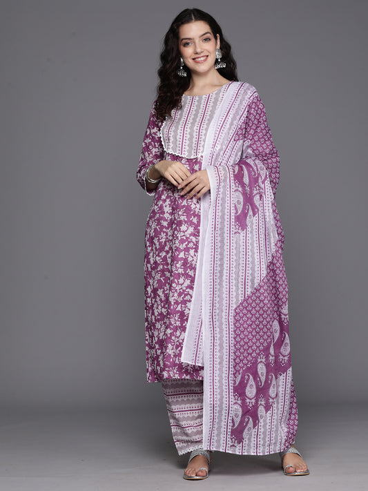 IE Lavender Printed Straight Kurta Trousers With Dupatta Set