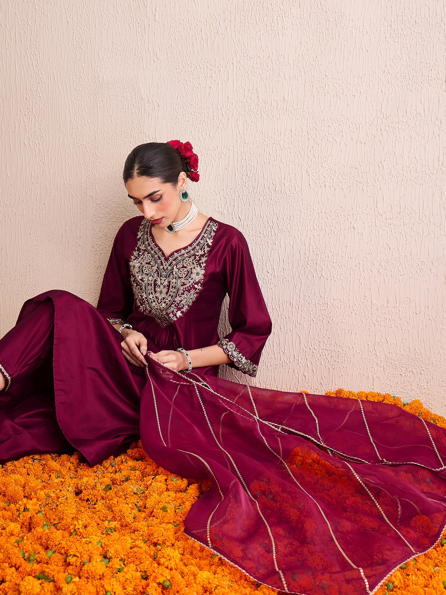 IE Burgundy Embroidered A-Line Kurta Palazzos With Dupatta  Set