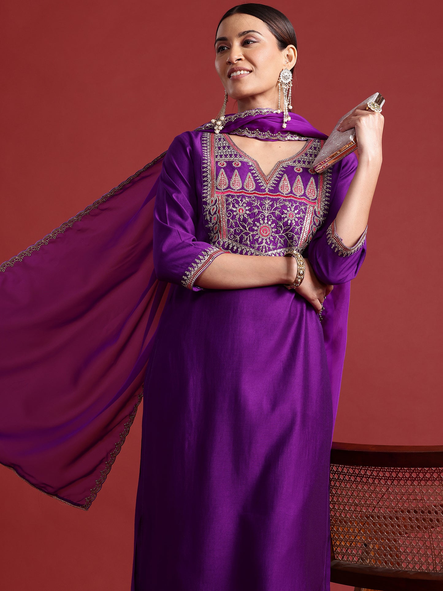 IE Purple Embroidered Straight Kurta Trousers With Dupatta set