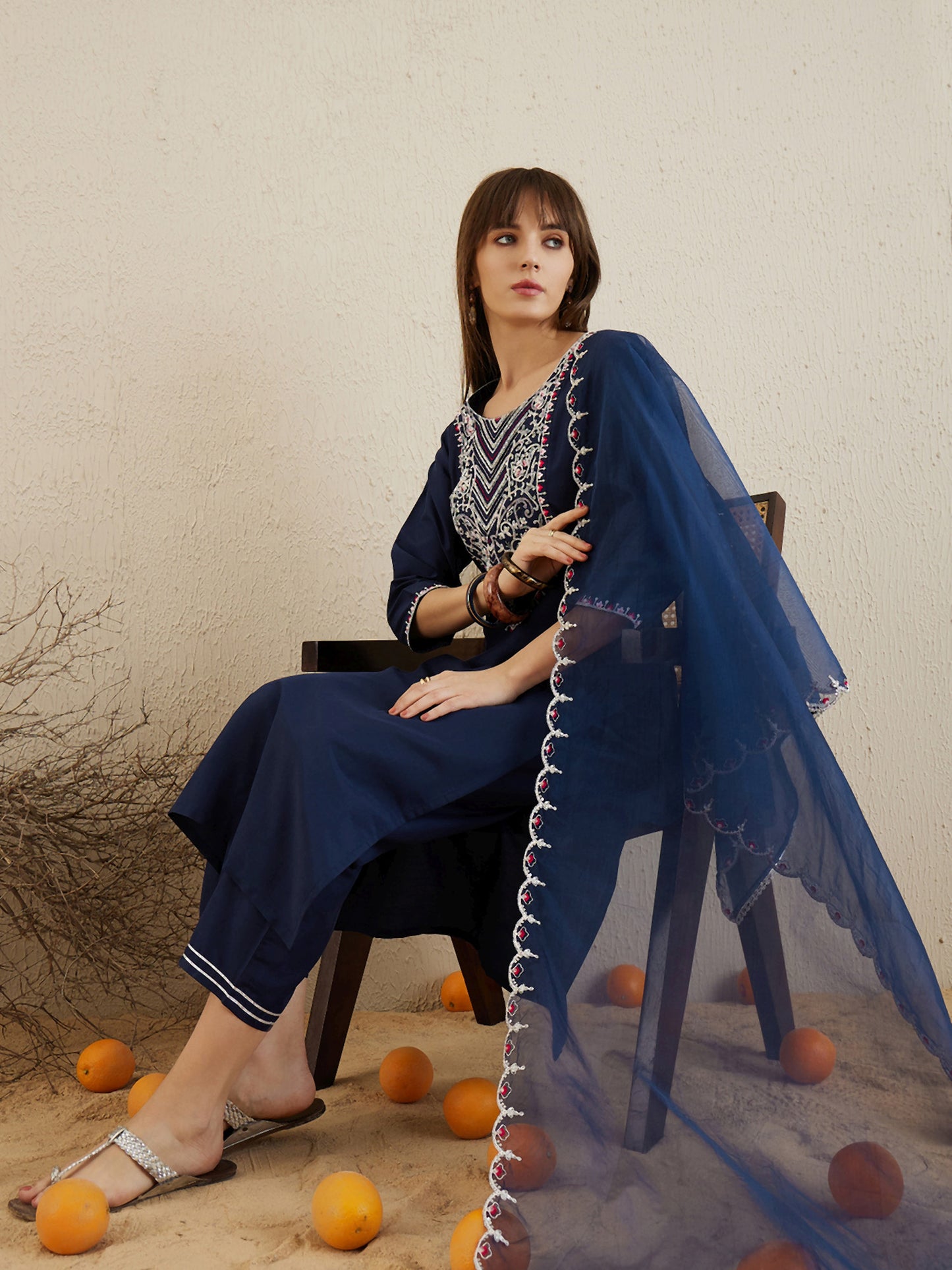 IE Navy Blue Embroidered Straight Kurta Trousers With Dupatta set