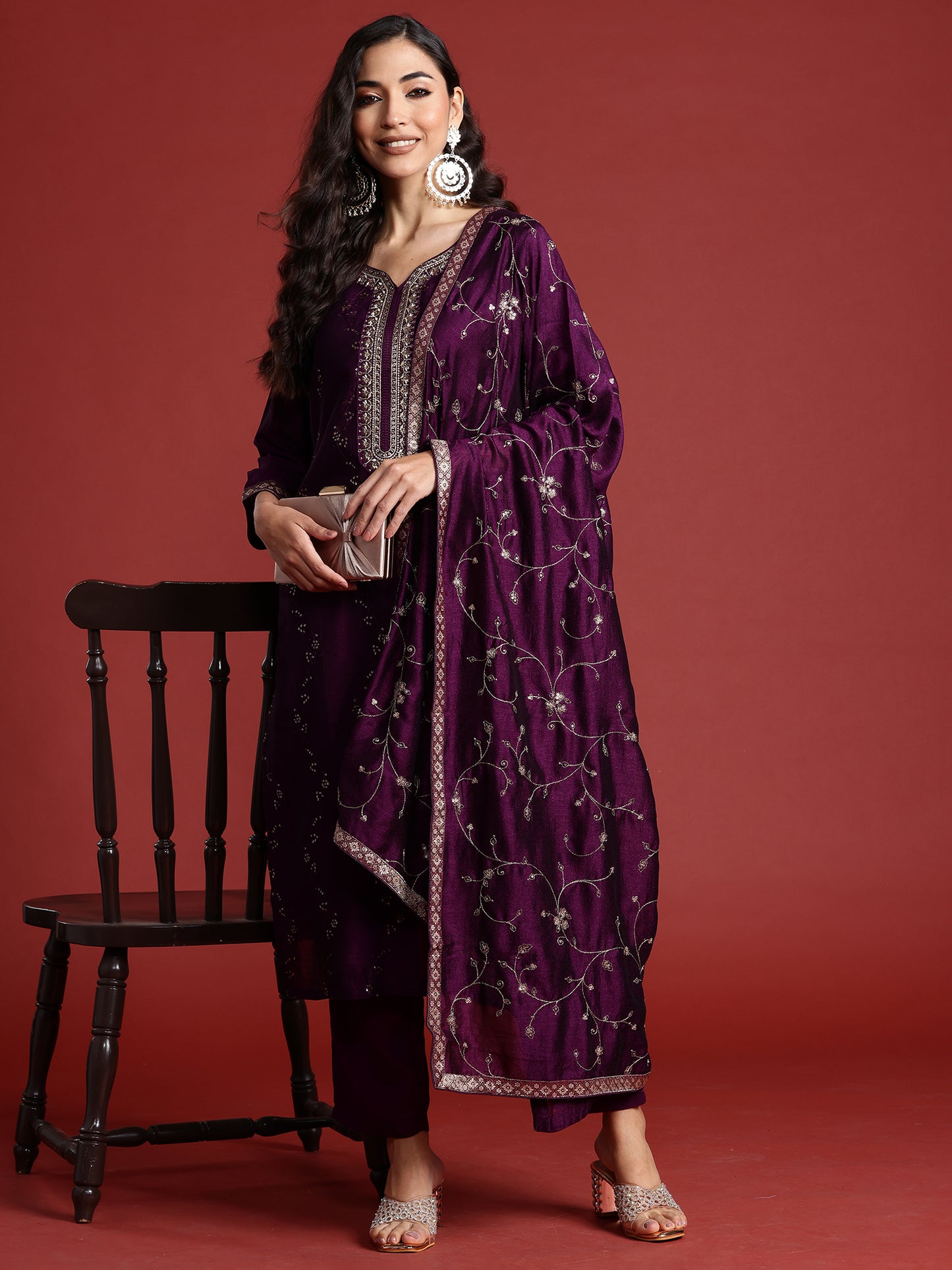 IE Purple Embroidered Straight Kurta Trousers With Dupatta set