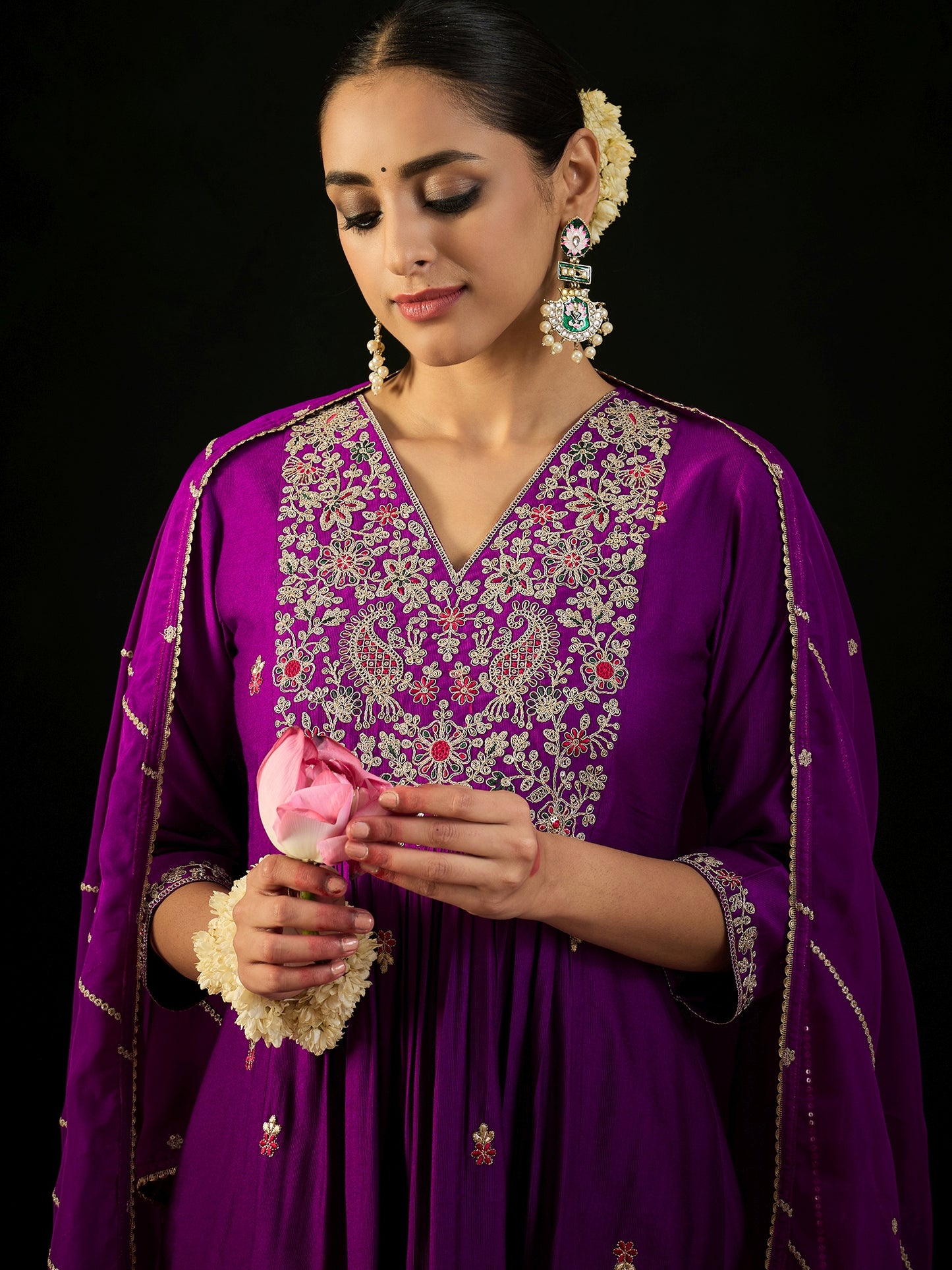 IE Purple Embroidered A-Line Kurta Trousers With Dupatta set