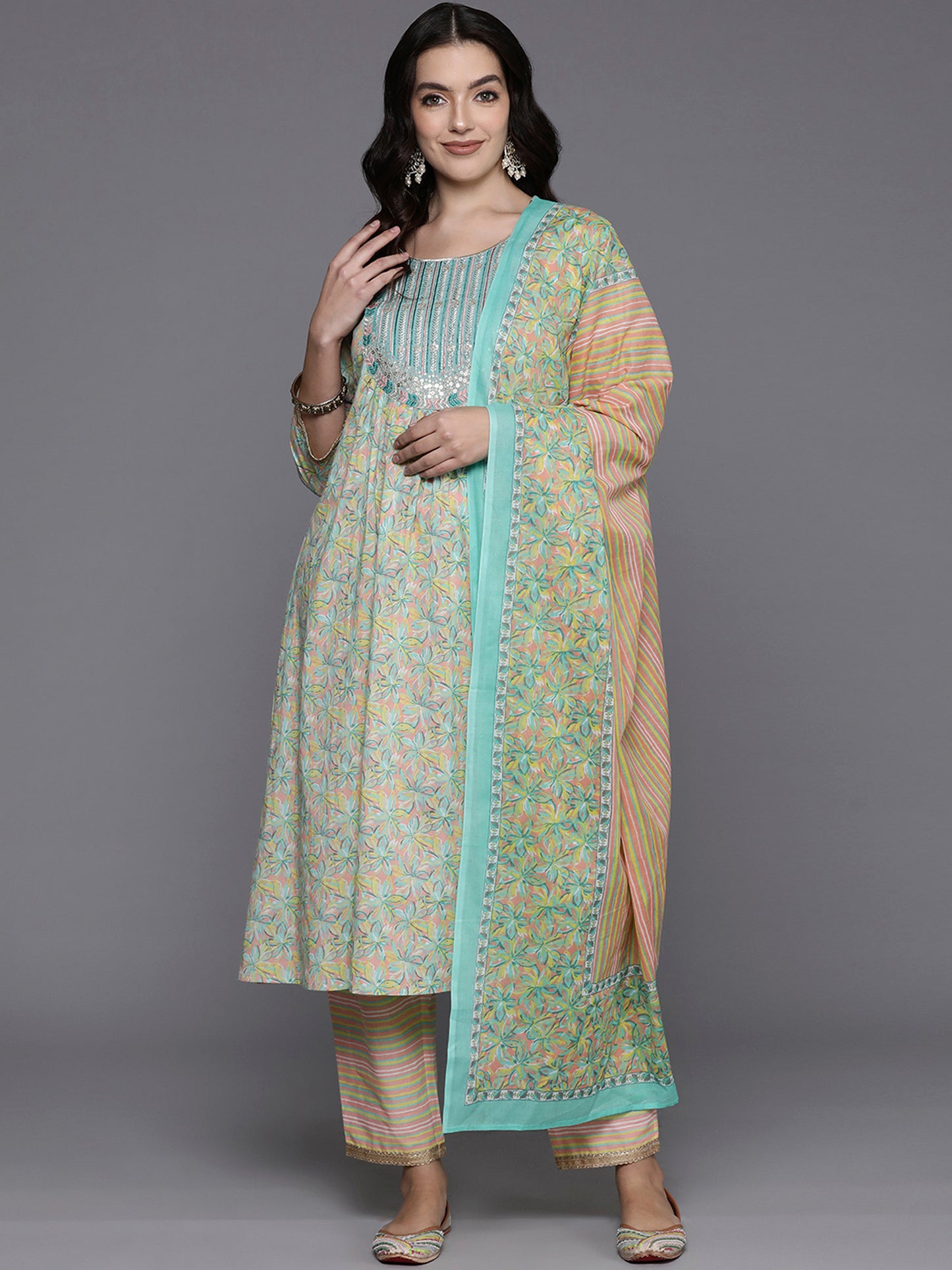 IE Sea Green Embroidered A-Line Kurta Trousers With Dupatta Set