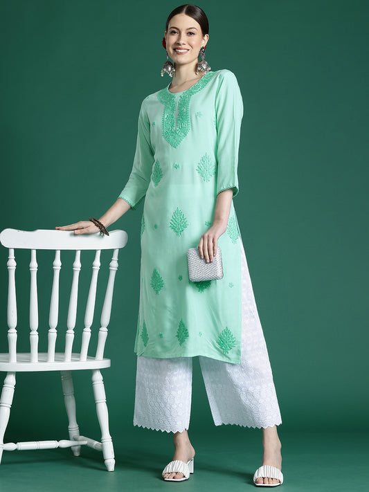 IE Sea Green Embroidered Straight Kurtas