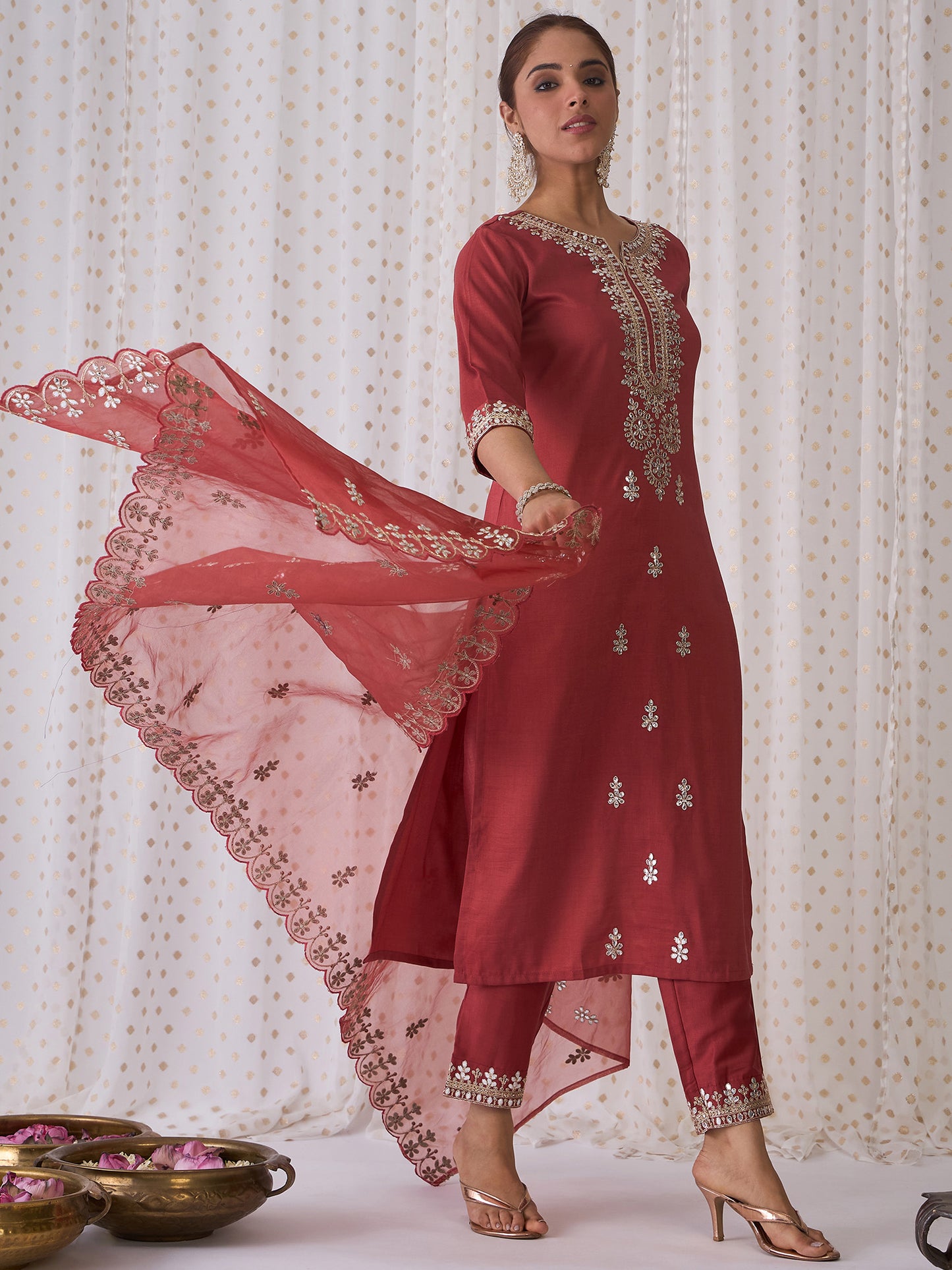 IE Rust Embroidered Straight Kurta Trousers With Dupatta set