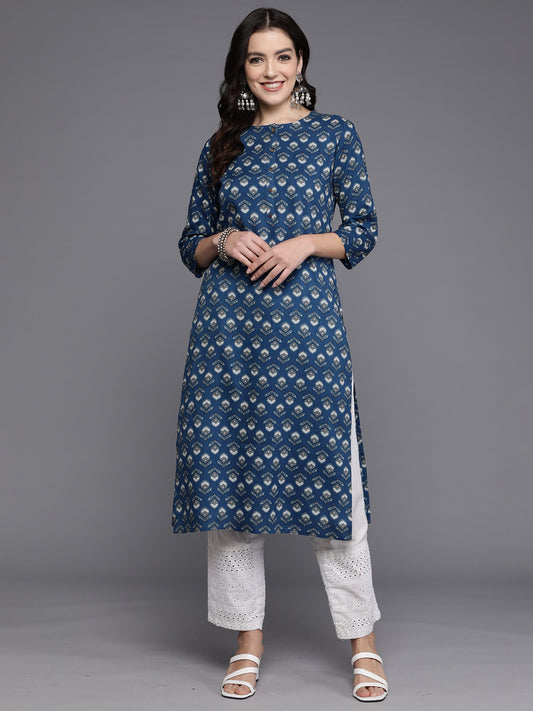 IE Navy Blue Printed Straight Kurtas