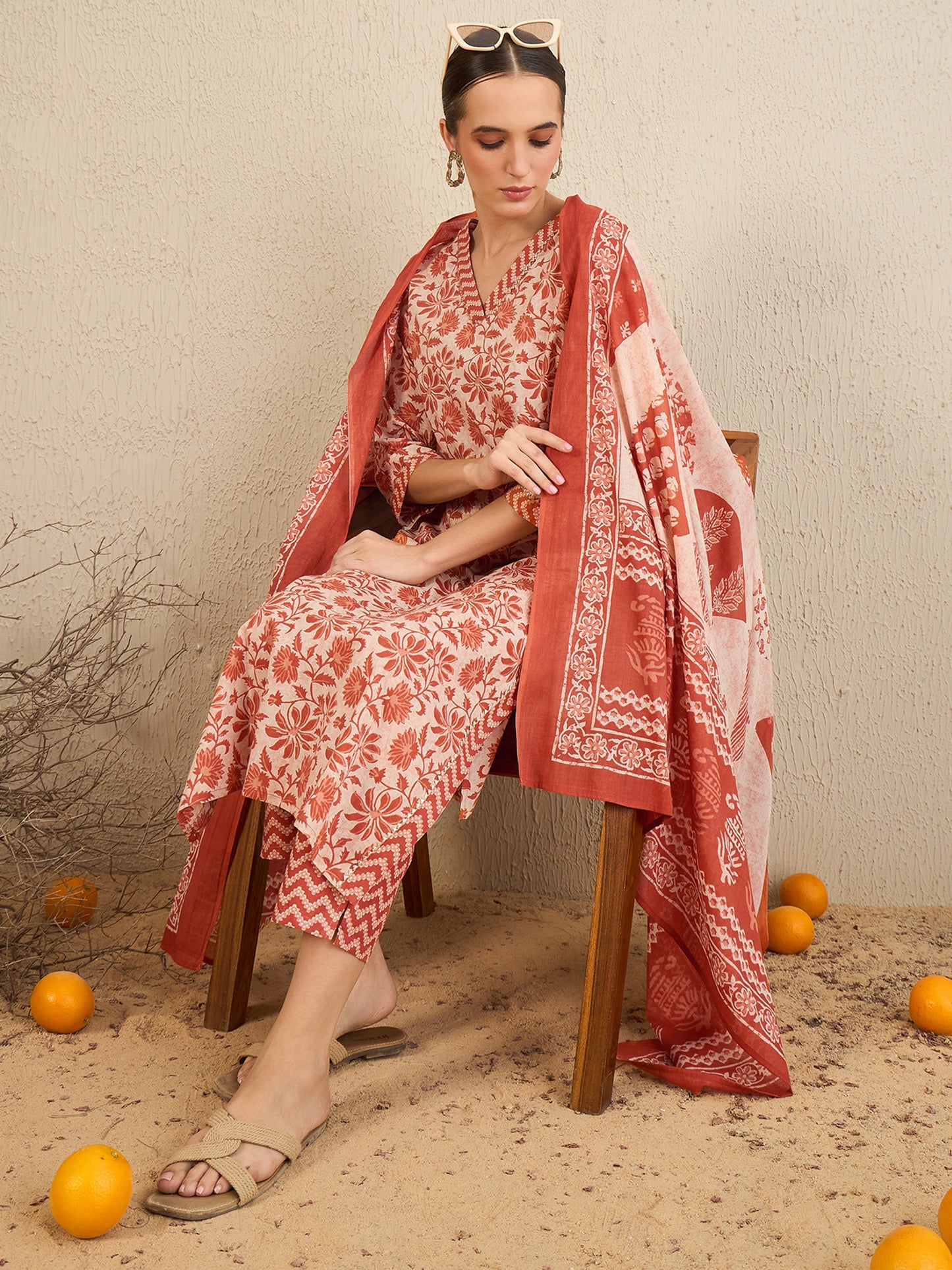 IE Rust Printed Straight Kurta Trousers With Dupatta set