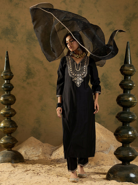 IE Black Embroidered Straight Kurta Trousers With Dupatta  Set