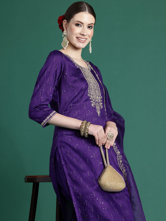 IE Purple Embroidered Straight Kurta Trousers With Dupatta set