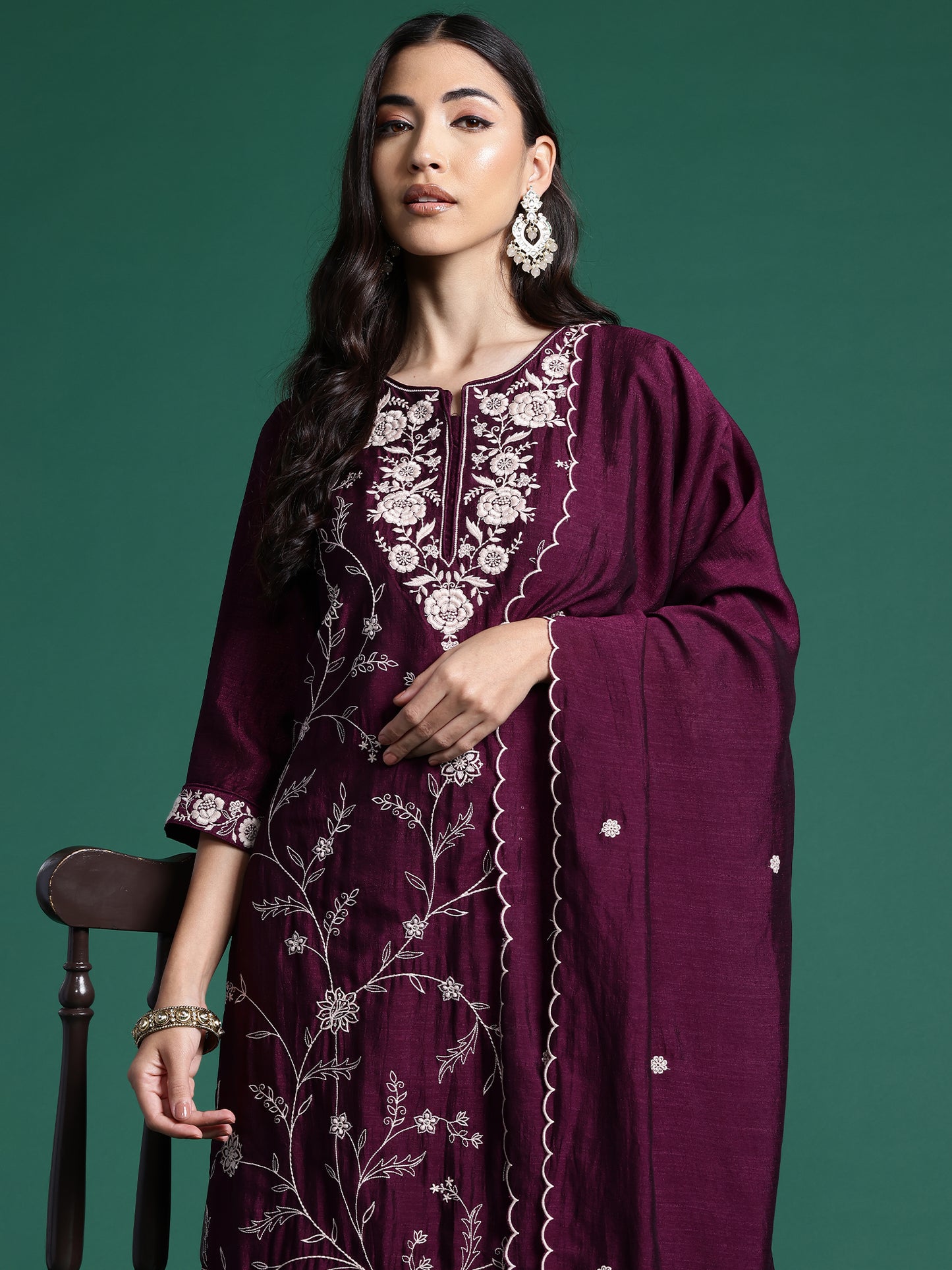 IE Burgandy Straight Embroidered Kurta Trousers With Dupatta Set