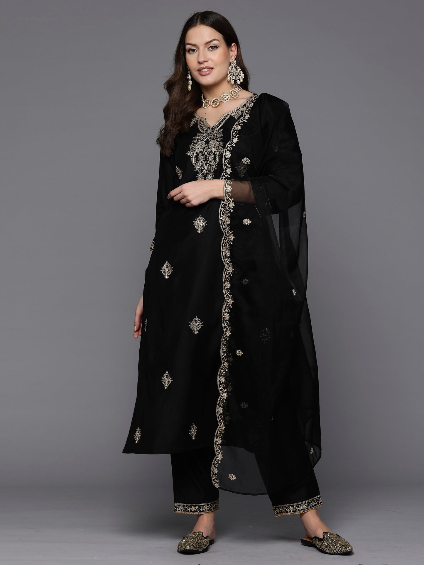 IE Black Embroidered Straight Kurta Trousers With Dupatta Set