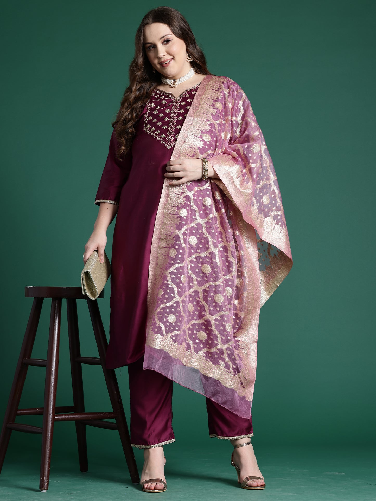 IE Purple Embroidered Straight Kurta Trousers With Dupatta set