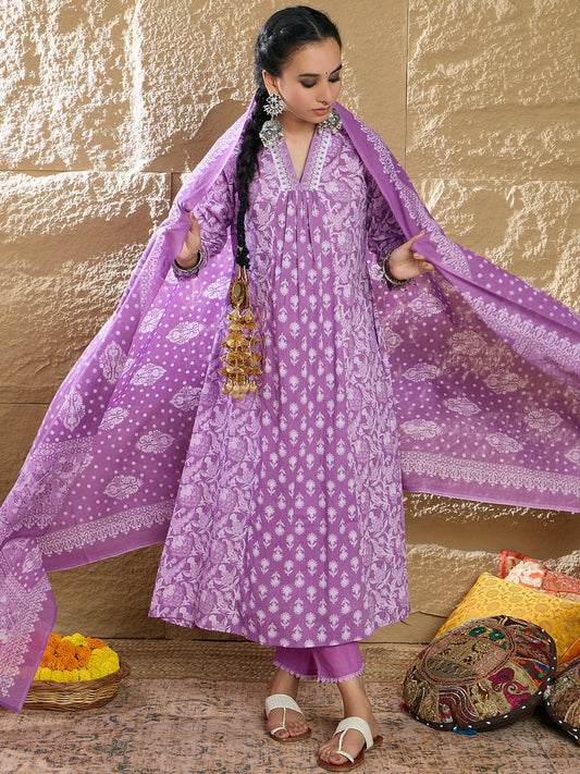 IE Lavender Printed A-Line Kurta Trousers With Dupatta set