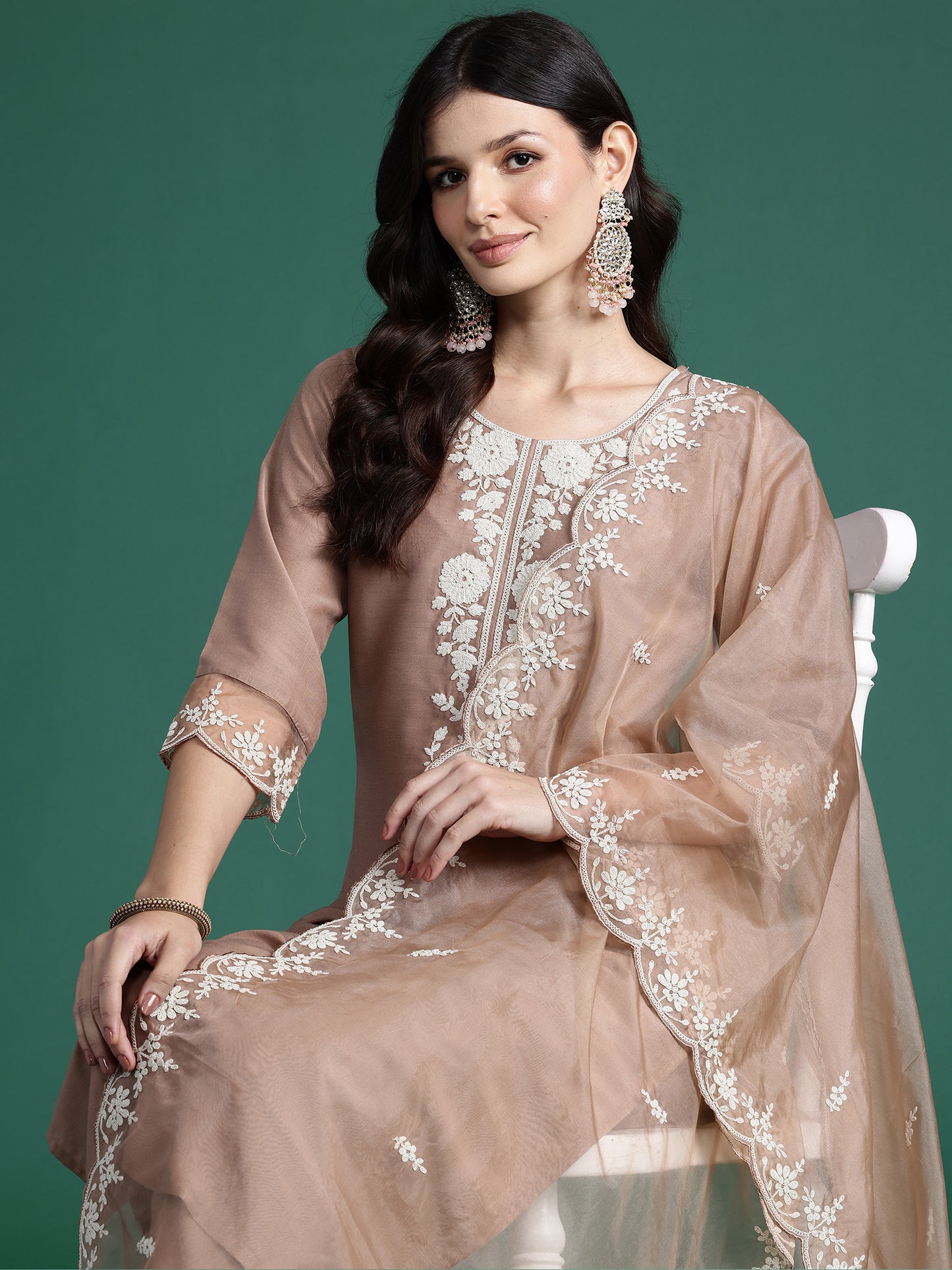 IE Brown Embroidered Straight Kurta Trousers With Dupatta set