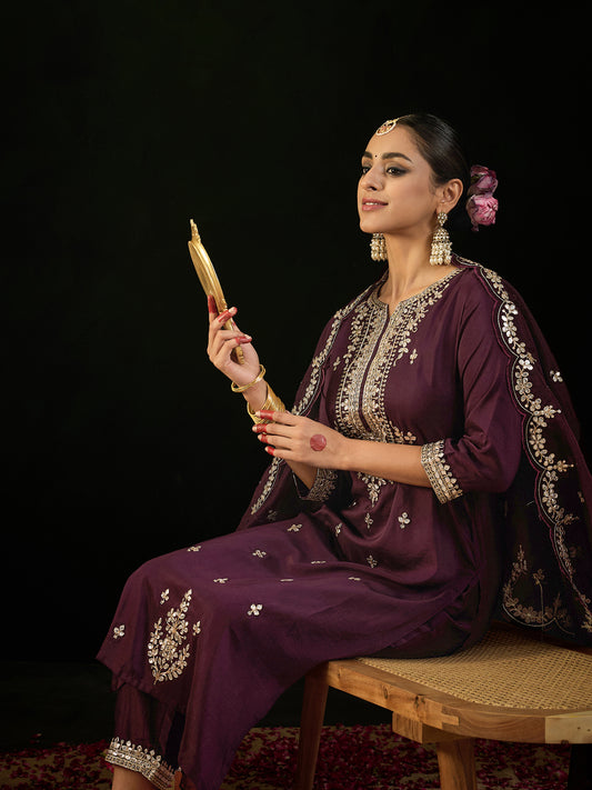 IE Burgundy Embroidered Straight Kurta Trousers With Dupatta set