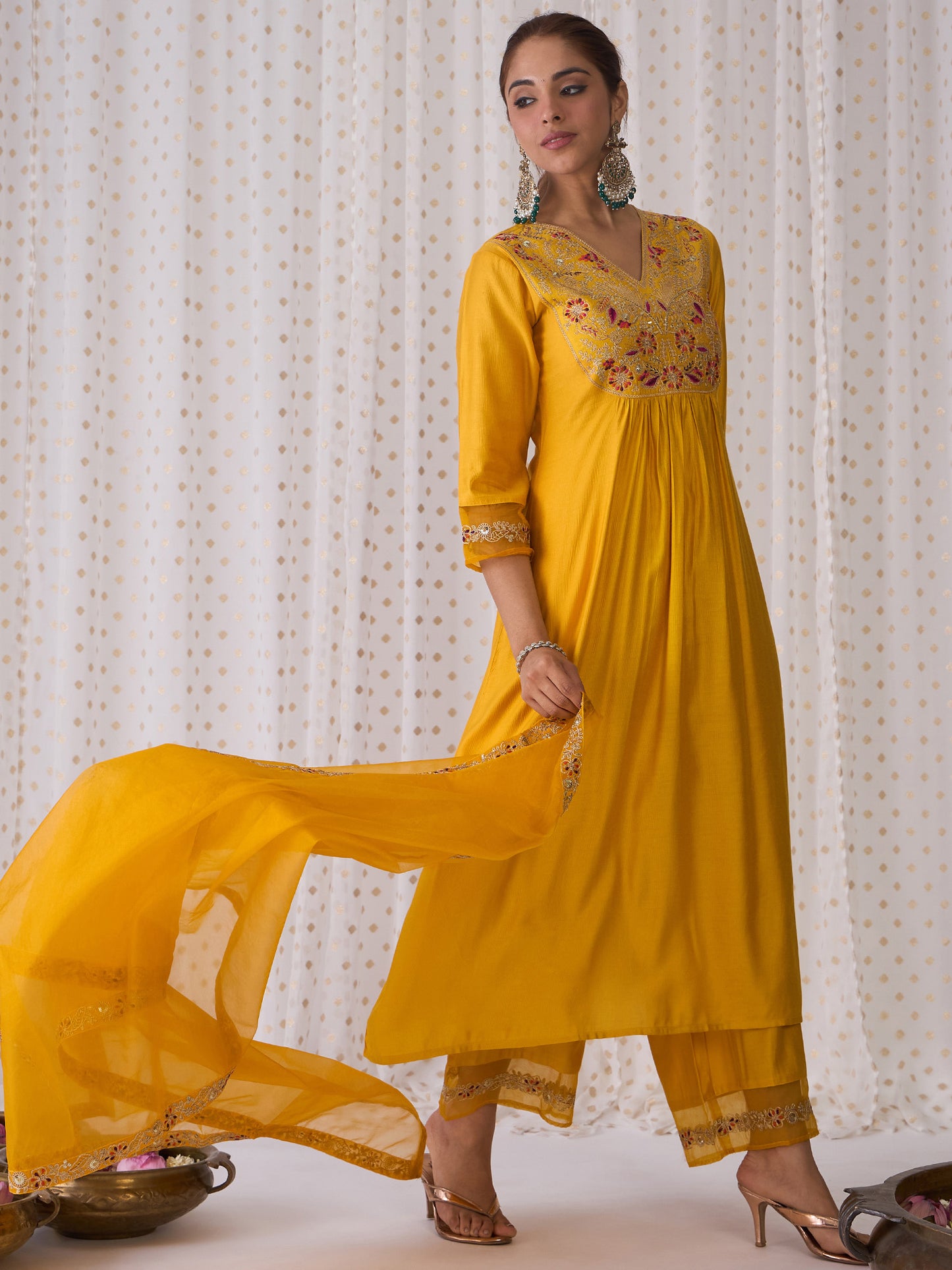 IE Yellow Embroidered A-Line Kurta Palazzos With Dupatta set