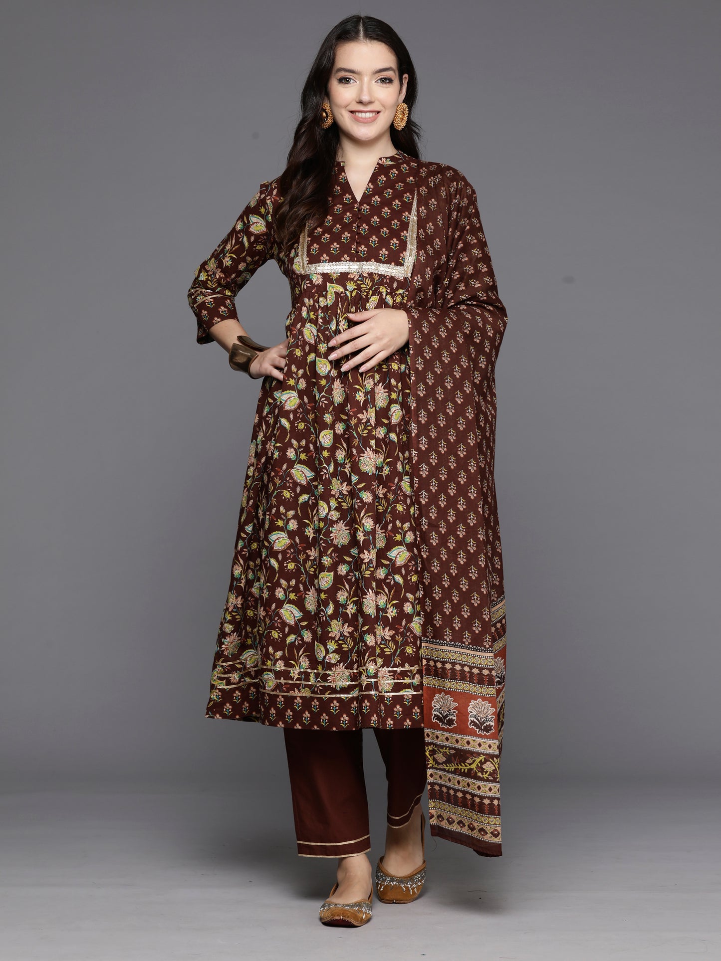 IE Brown Printed A-Line Kurta Trousers With Dupatta Set