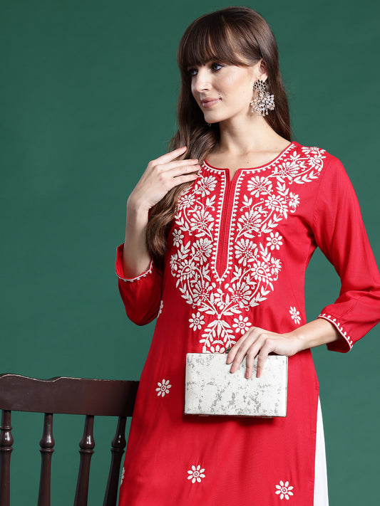 IE Red Embroidered Straight Kurtas