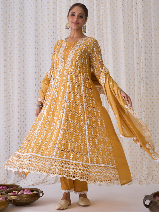 IE Yellow Embroidered A-Line Kurta Trousers With Dupatta set