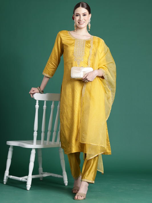 IE Yellow Embroidered Straight Kurta Trousers With Dupatta set