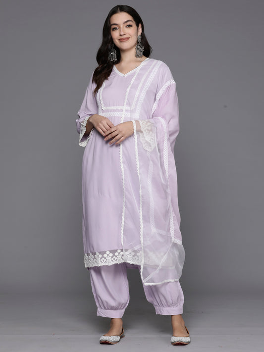 IE Lavender Embroidered Straight Kurta Salwar With Dupatta Set