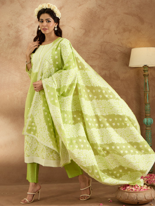 IE Green Woven Design Straight Kurta Trousers With Dupatta set