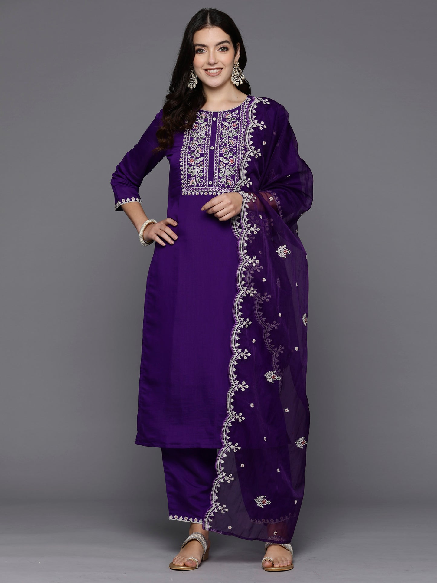 IE Purple Embroidered Straight Kurta Trousers With Dupatta set