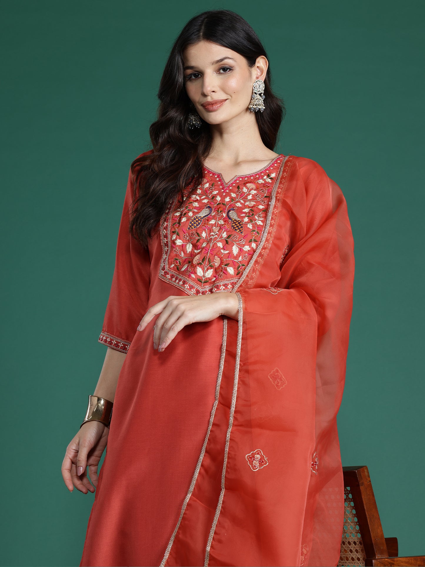 IE Orange Embroidered Straight Kurta Trousers With Dupatta  Set