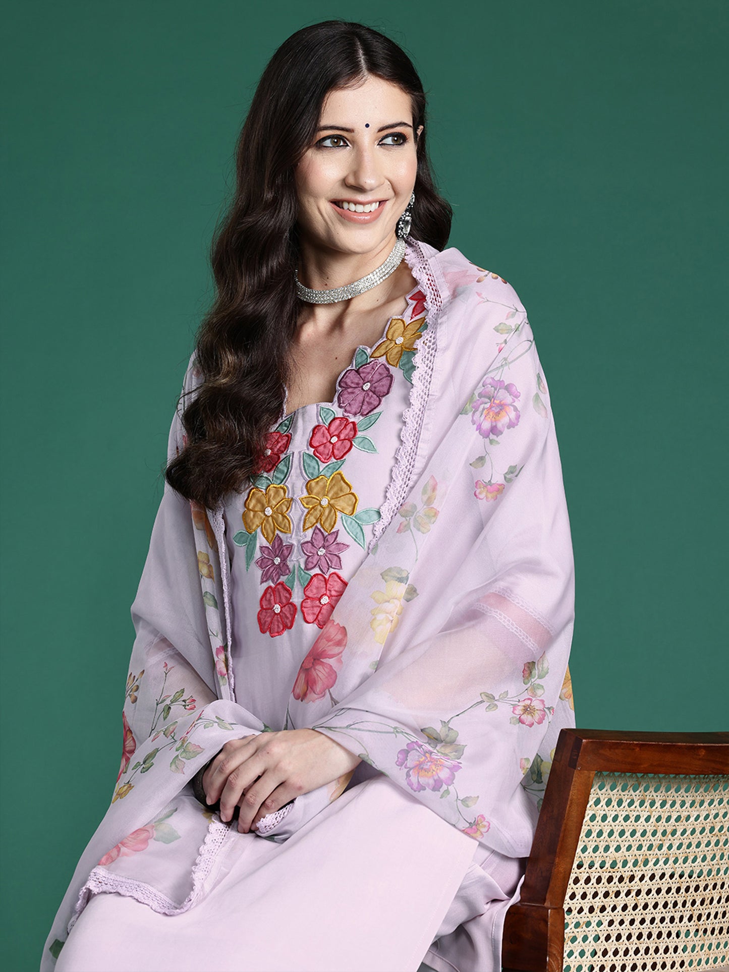 IE Lavender Embroidered Straight Kurta Trousers With Dupatta set