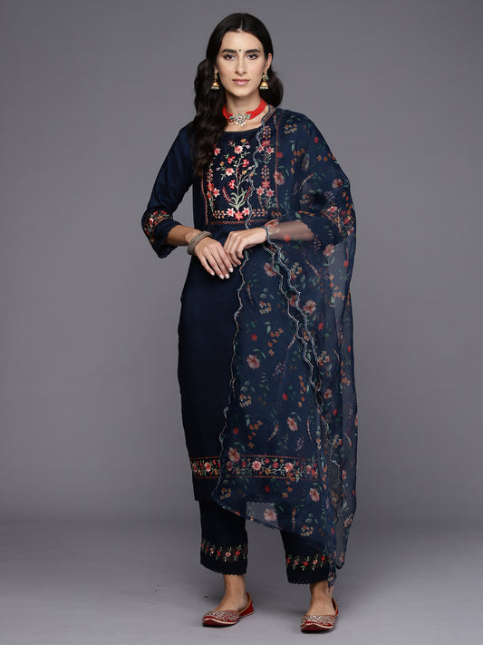 IE Blue Embroidered Straight Kurta Trousers With Dupatta Set