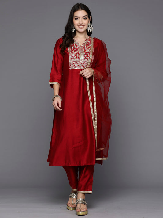 IE Red Embroidered Straight Kurta Trousers With Dupatta Set