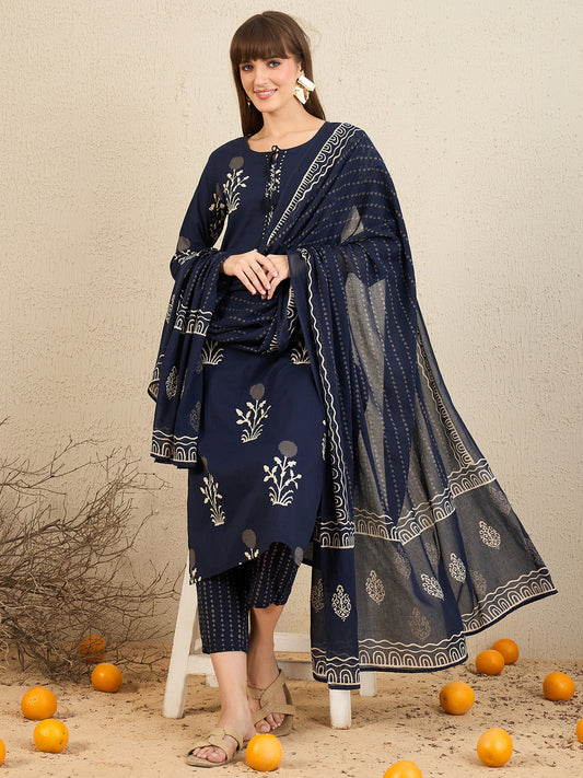 IE Navy Blue Printed Straight Kurta Trousers With Dupatta Set